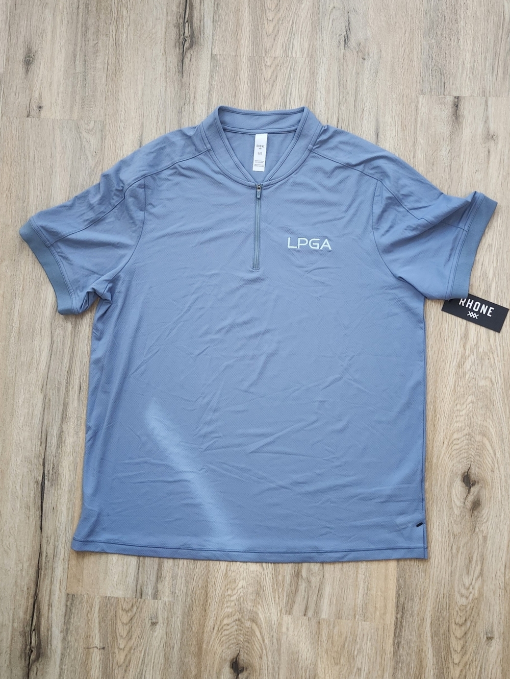Rhone Momentum Tech Bomber Collar Polo NWT, Size Large, Blue Stone, LPGA